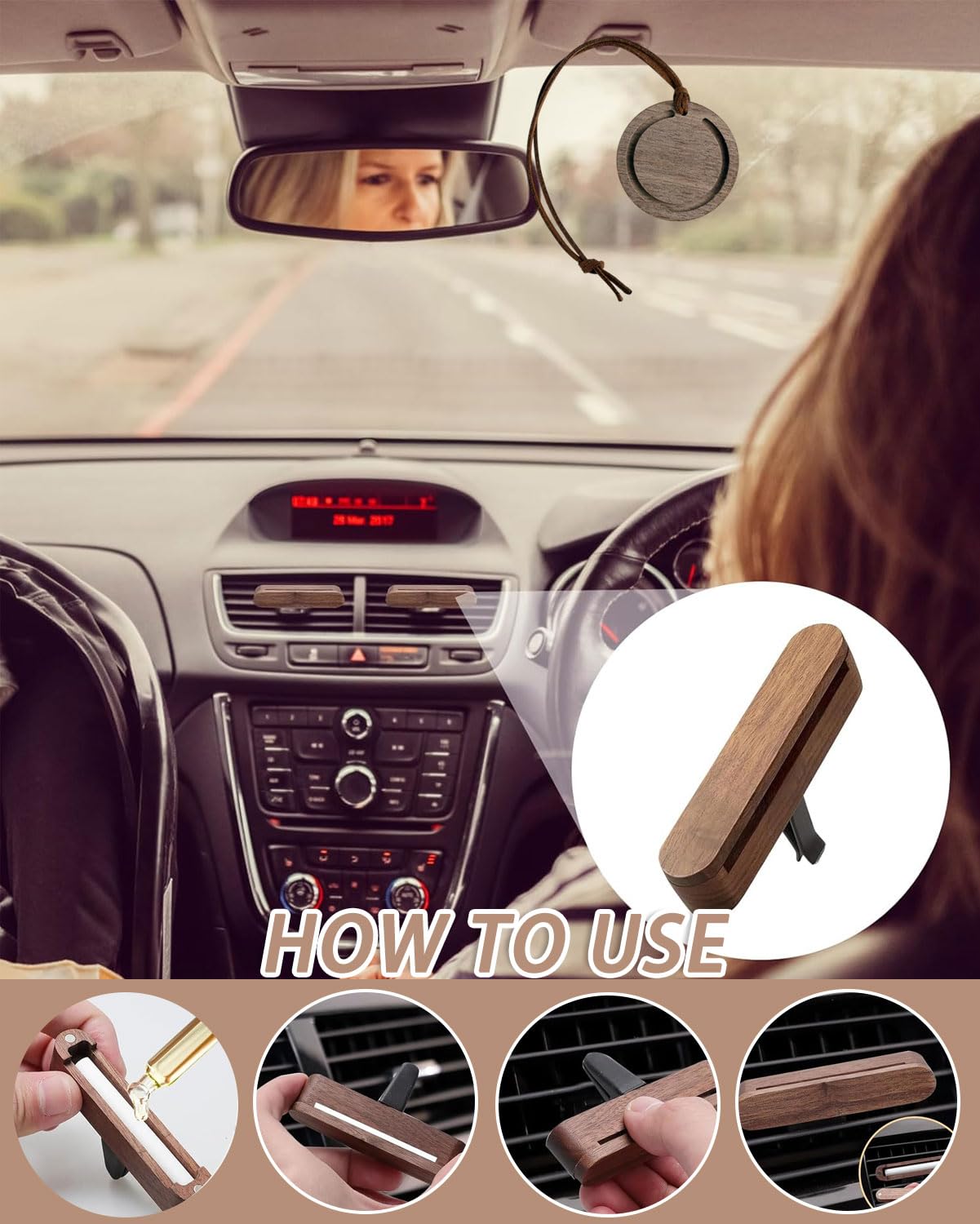 Natürlicher Holz Auto Diffusor für Ätherische Öle 2 Stück mit 16 Nachfüllaufsätzen Aromatherapie