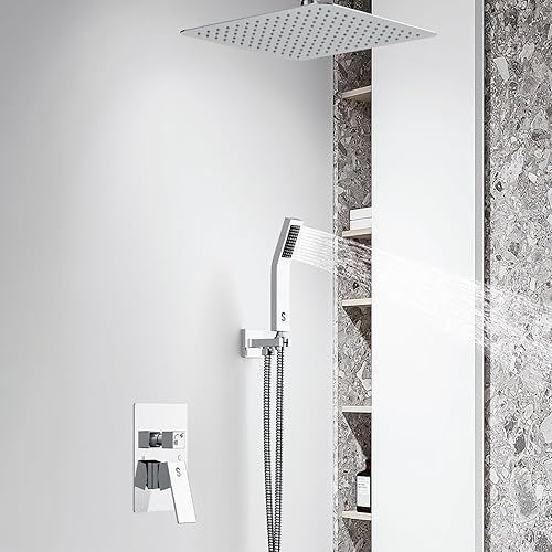 Miniatura 100 de SR SUN RISE Sistema de ducha montado en el techo de 12 pulgadas, mezclador de lluvia, sistema de cabezal de ducha de lluvia, dorado cepillado, Oro