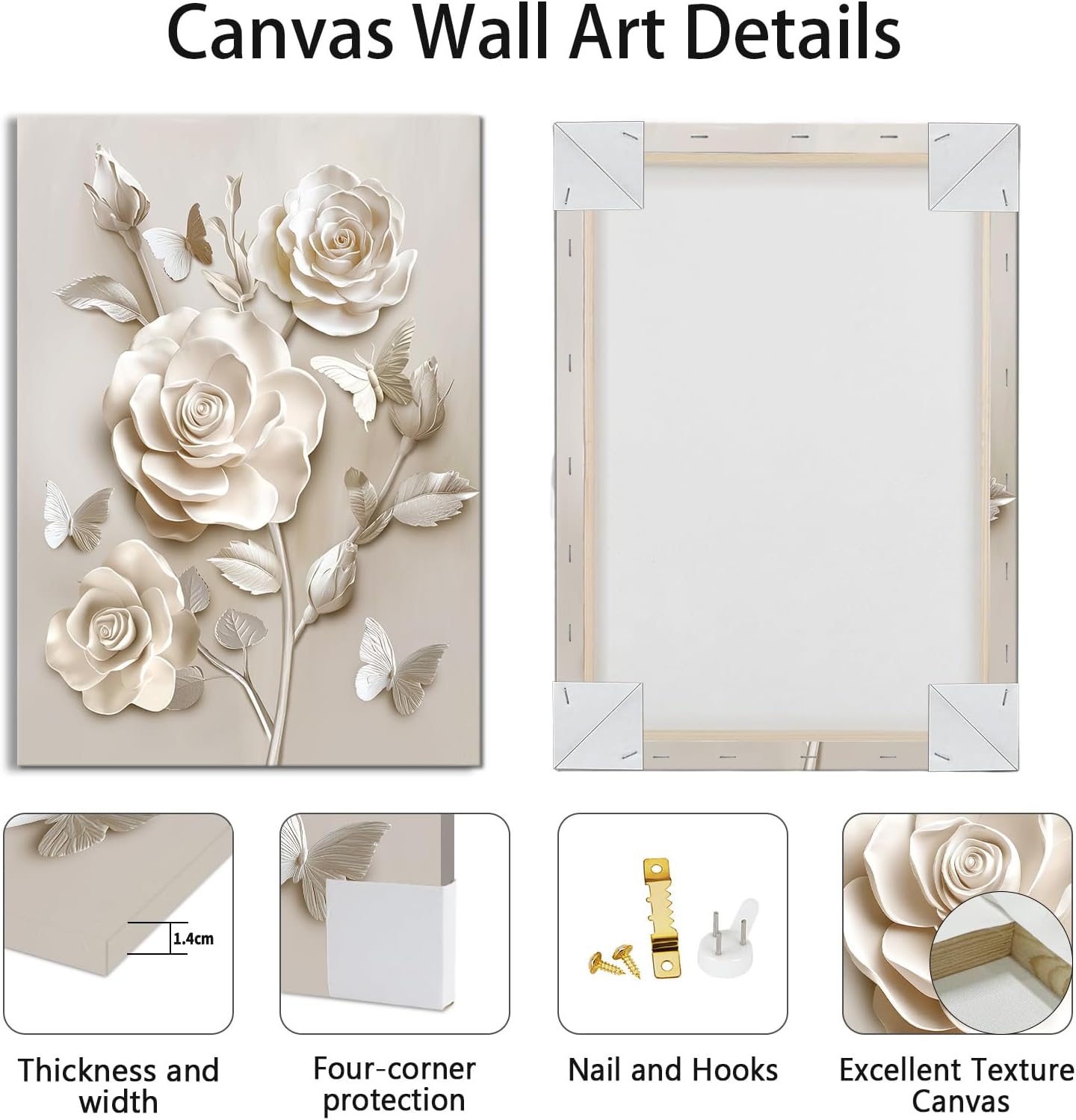 WENGTIAO Beige Flora Canvas Wall Art Neutral Roses Butterflies Wall Print Poster Modern Botanical Minimalist Blossom Painting Picture Elegant Flower Artwork for Living Room Bedroom Bathroom 16x24 inch