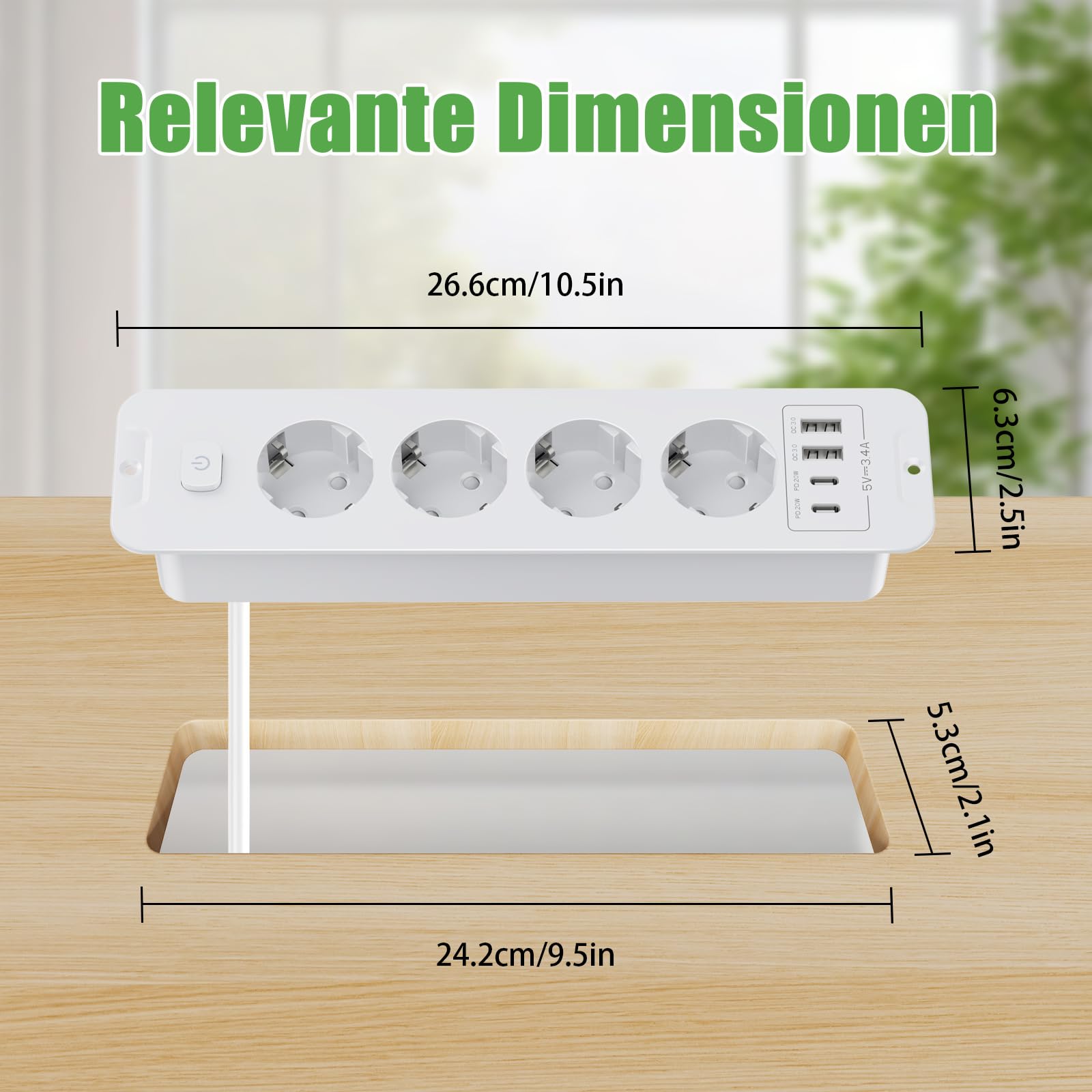 Toma de Empotrar Corriente con 2 USB y 2 Type-C, 4 Tomas Enchufes Multiple Empotrada de Sobremesa con Interruptor, Regleta de Enchufes Empotrada con Cable de 2M para Muebles de Encimera, Blanco — view 5