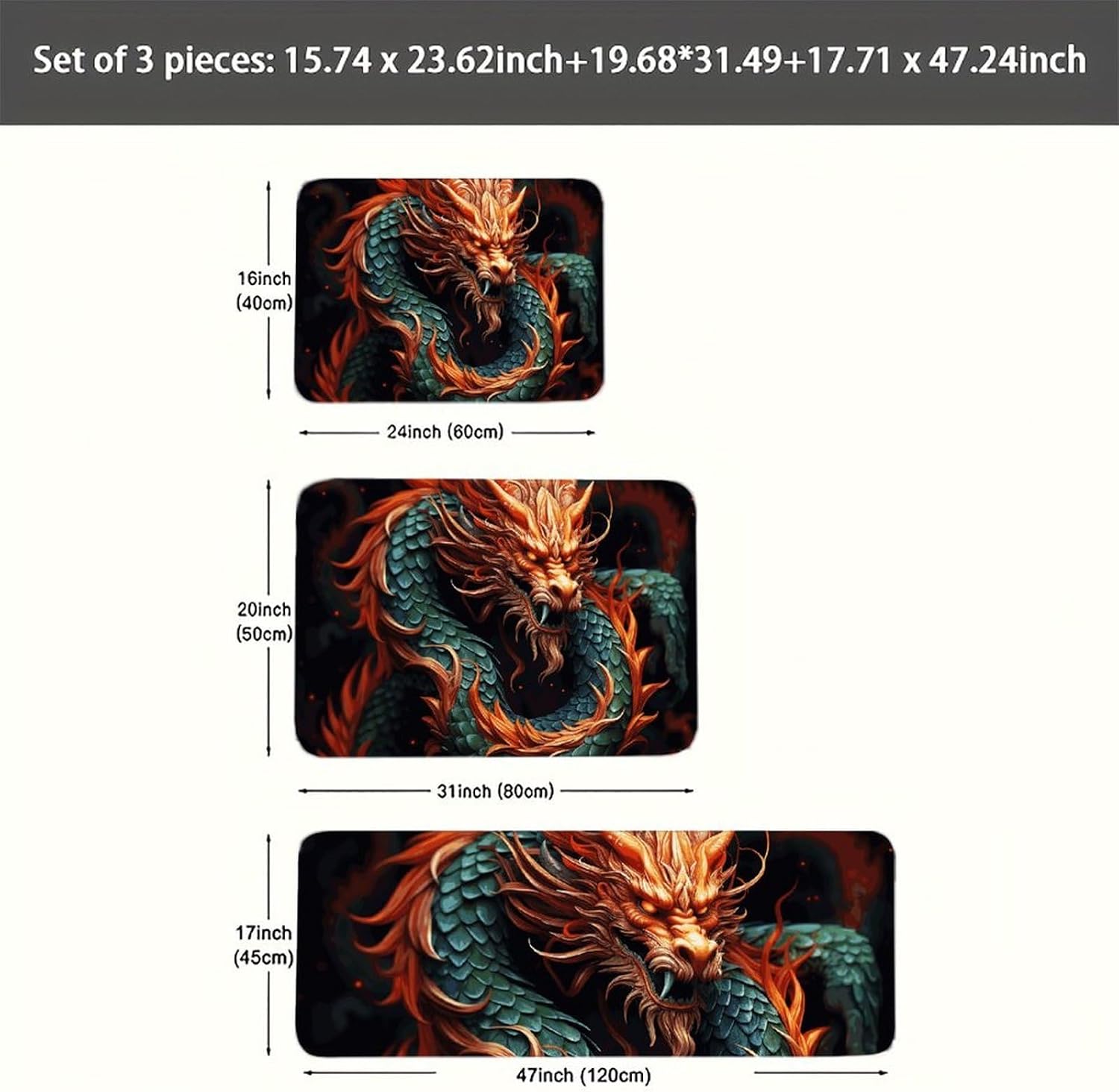 Chinese Dragon Kitchen Mats for Floor 3 Pcs Kitchen Rugs