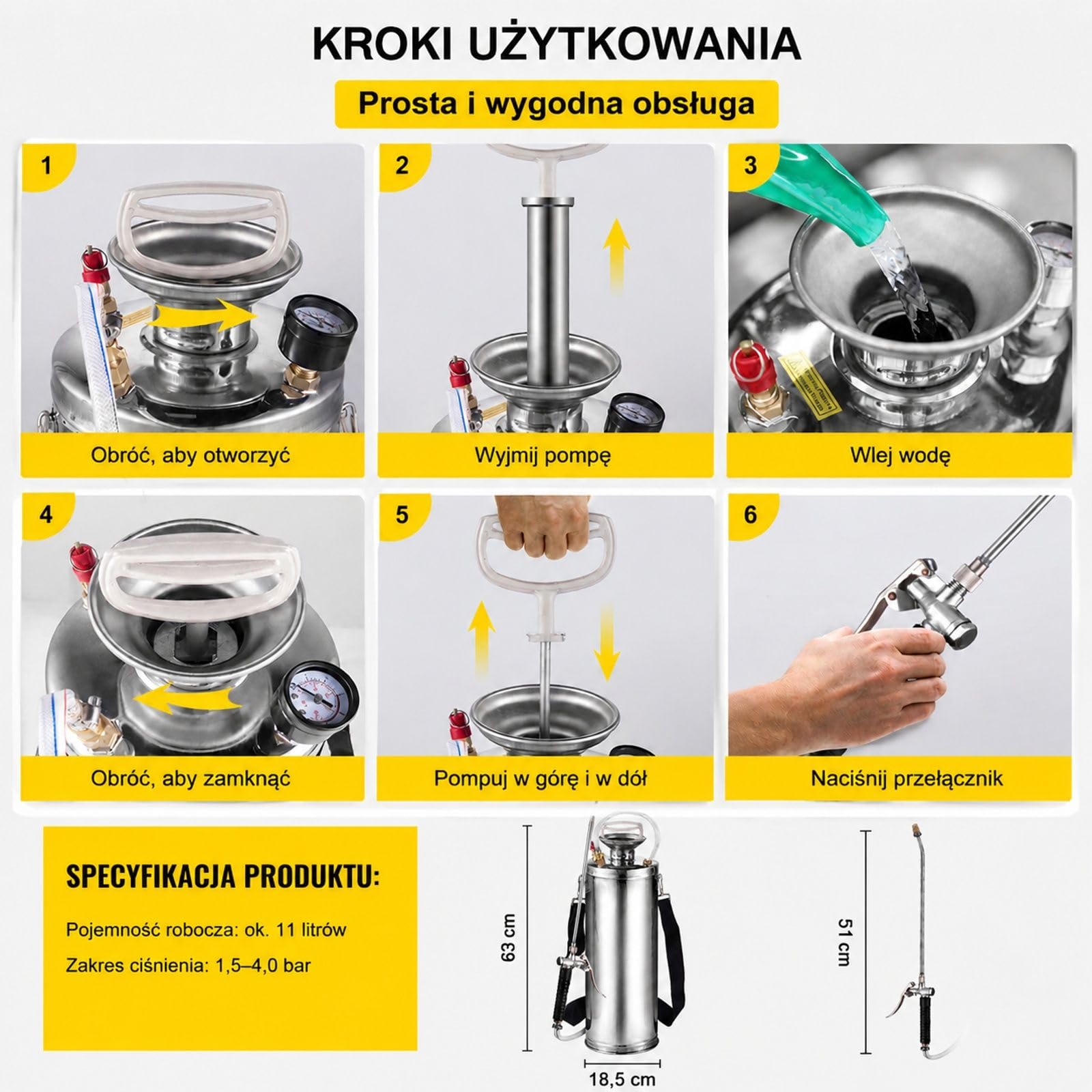 Opryskiwacz ciśnieniowy 10 L ze stali nierdzewnej z konstrukcją plecakową do ogrodu