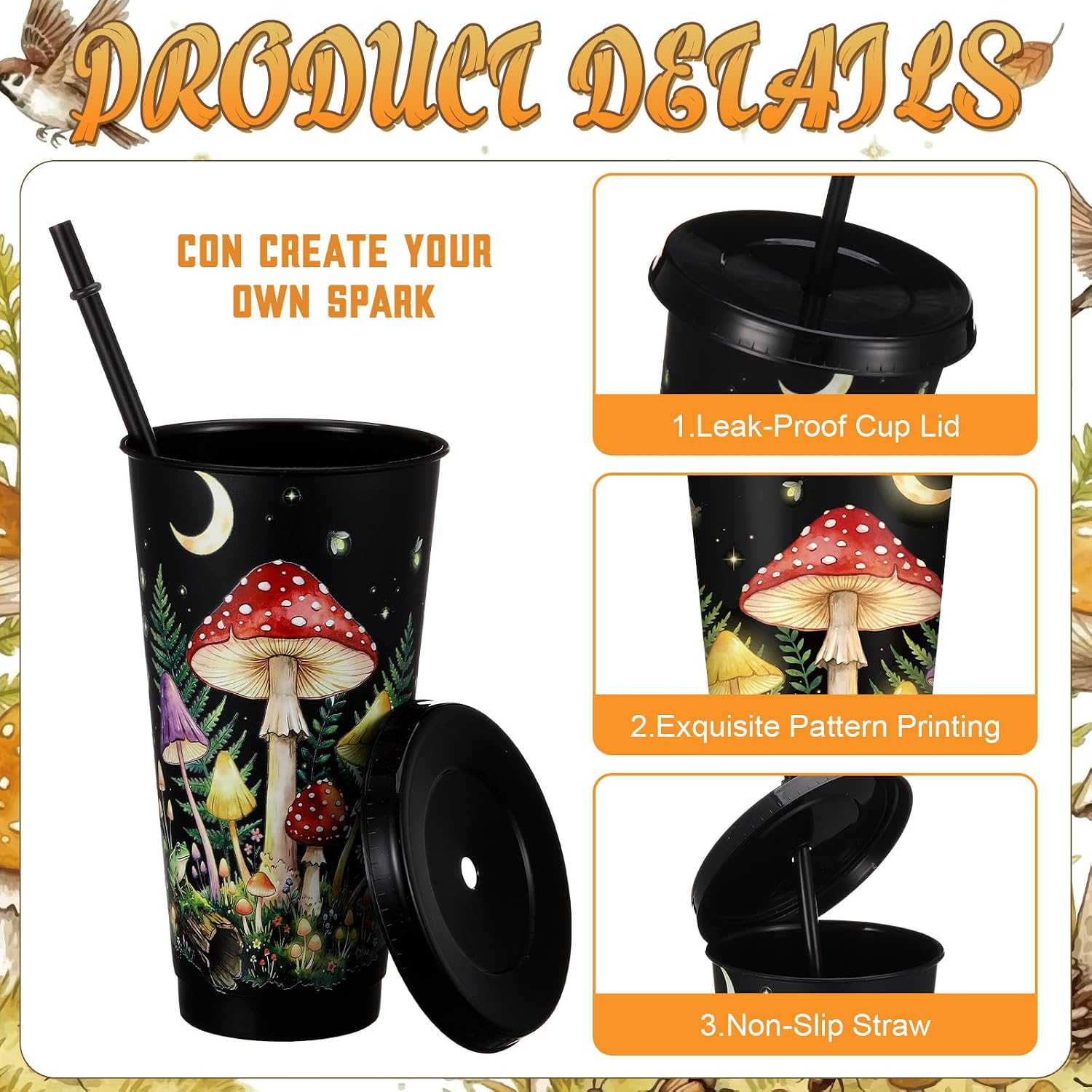 Potchen 24 Pcs Mushroom Plastic Cups with Lids and Straws 24 oz Reusable Tumblers Mushroom Themed Gifts for Women Birthday Party Cute Woodland Fairy Accessories Stuff Thing