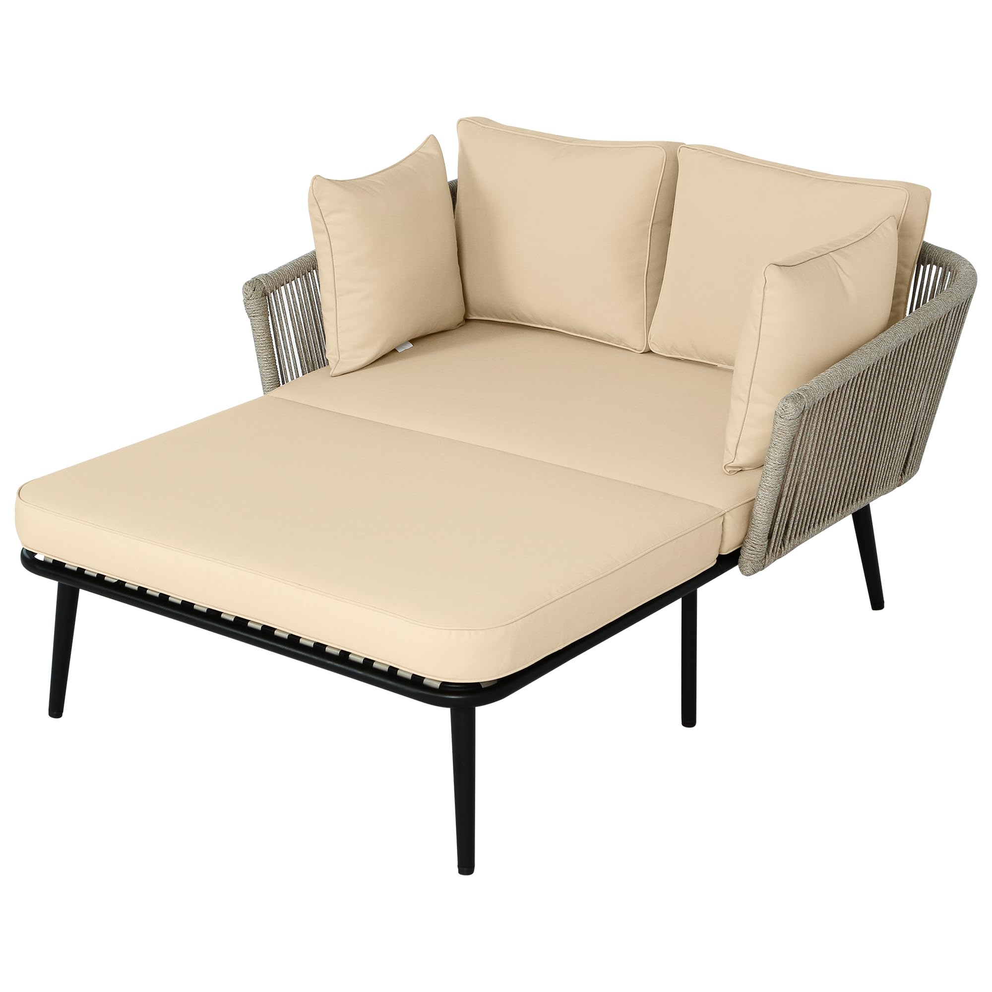 Sofá de jardín con 2 cojines y 2 cojines, tumbona para exteriores, salón de jardín, juego de muebles de balcón, muebles de salón, muebles de terraza, cojines extraíbles y lavables (caqui)