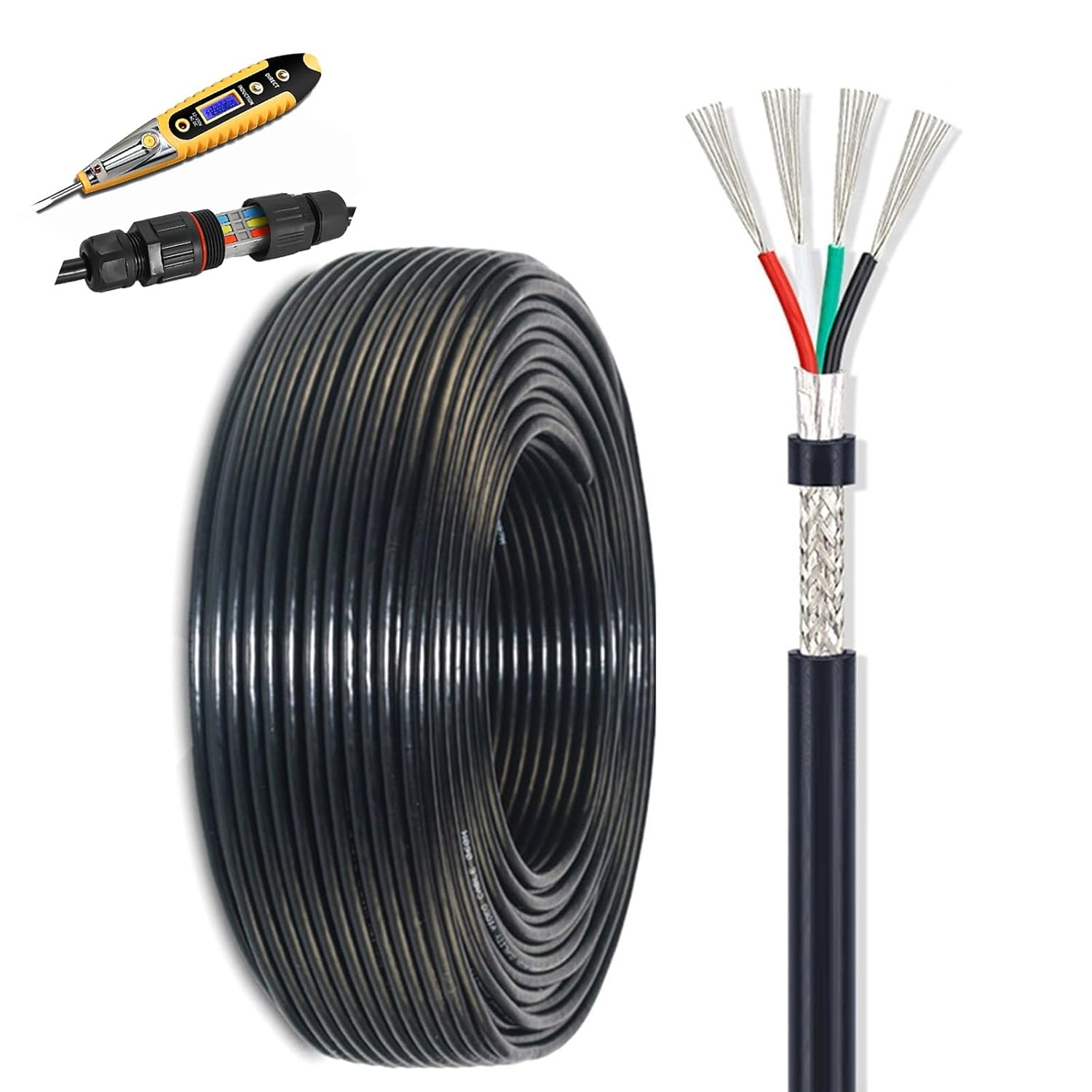 4 Conductor Wires 14/16/18/20/22AWG Shielded Wire UL Certified PVC Cable Tinned Copper Wire for Outdoor Lighting Car Battery Solar Panel with Wire Connectors and Voltage Tester(50FT,14AWG)