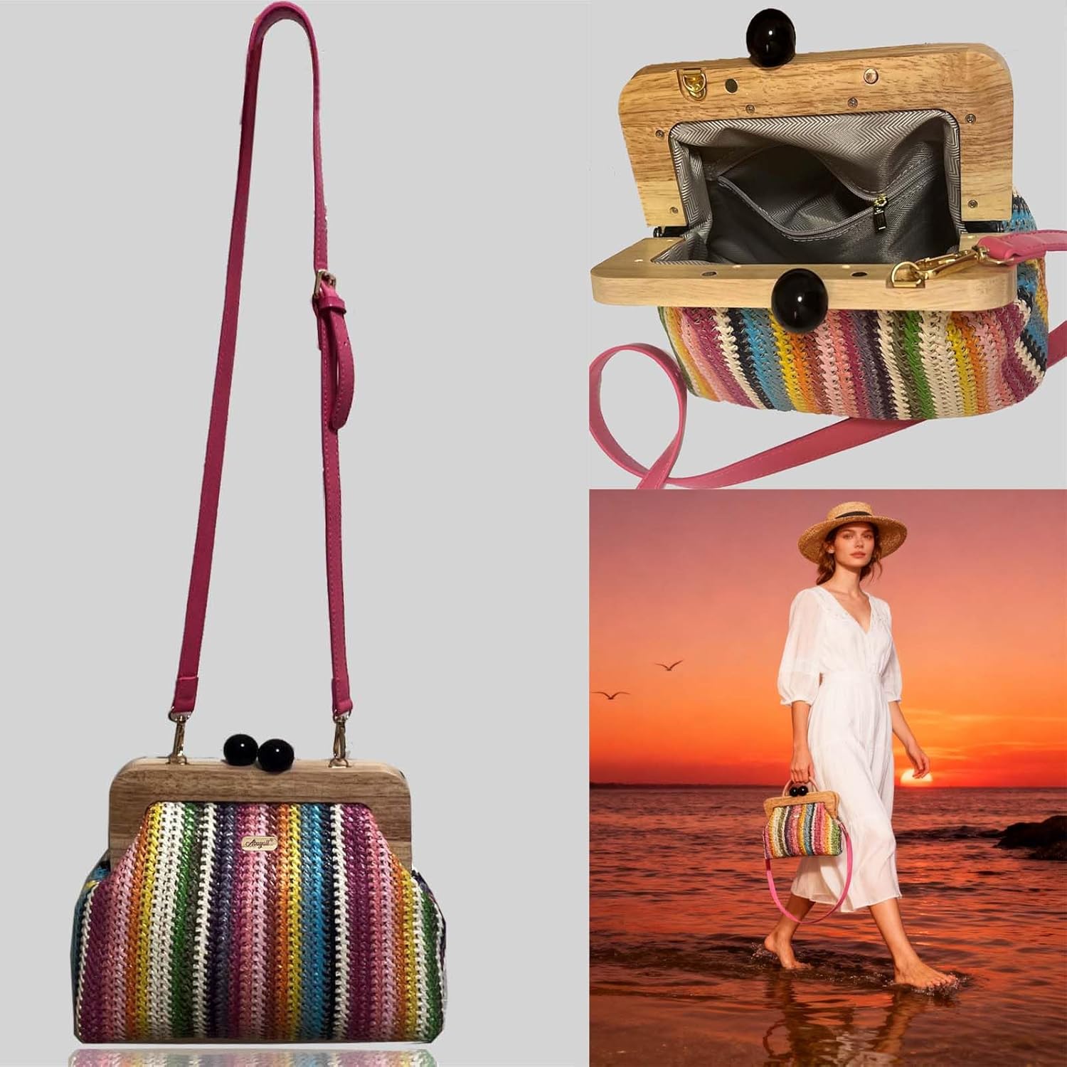 Straw Handbags for Women Vintage Purse Summer Beach Vacation Rattan Woven Travel Purse