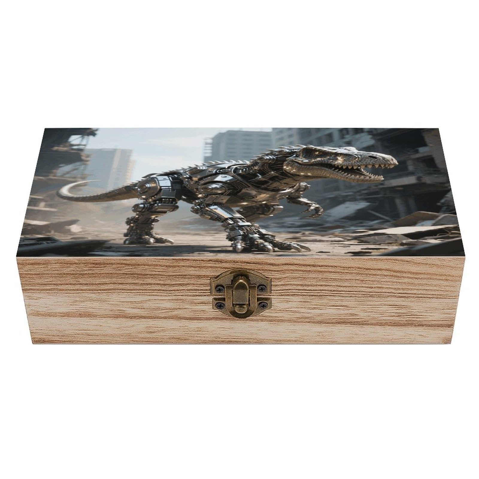 VstaDank A Mechanical Dinosaur in A Ruined City Wooden Storage Box Decorative Jewelry Case with Lids Exquisite Wood Box Letters Gifts Acacia Wood Boxes Fashion Wooden Keepsake Boxes for Men Women