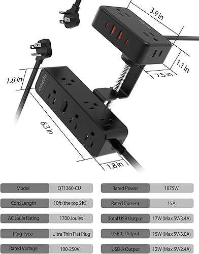 Miniatura 7 de Regleta de alimentación con abrazadera de escritorio de doble capa, estación de carga de montaje en el borde de escritorio con 13 tomas, 4 puertos