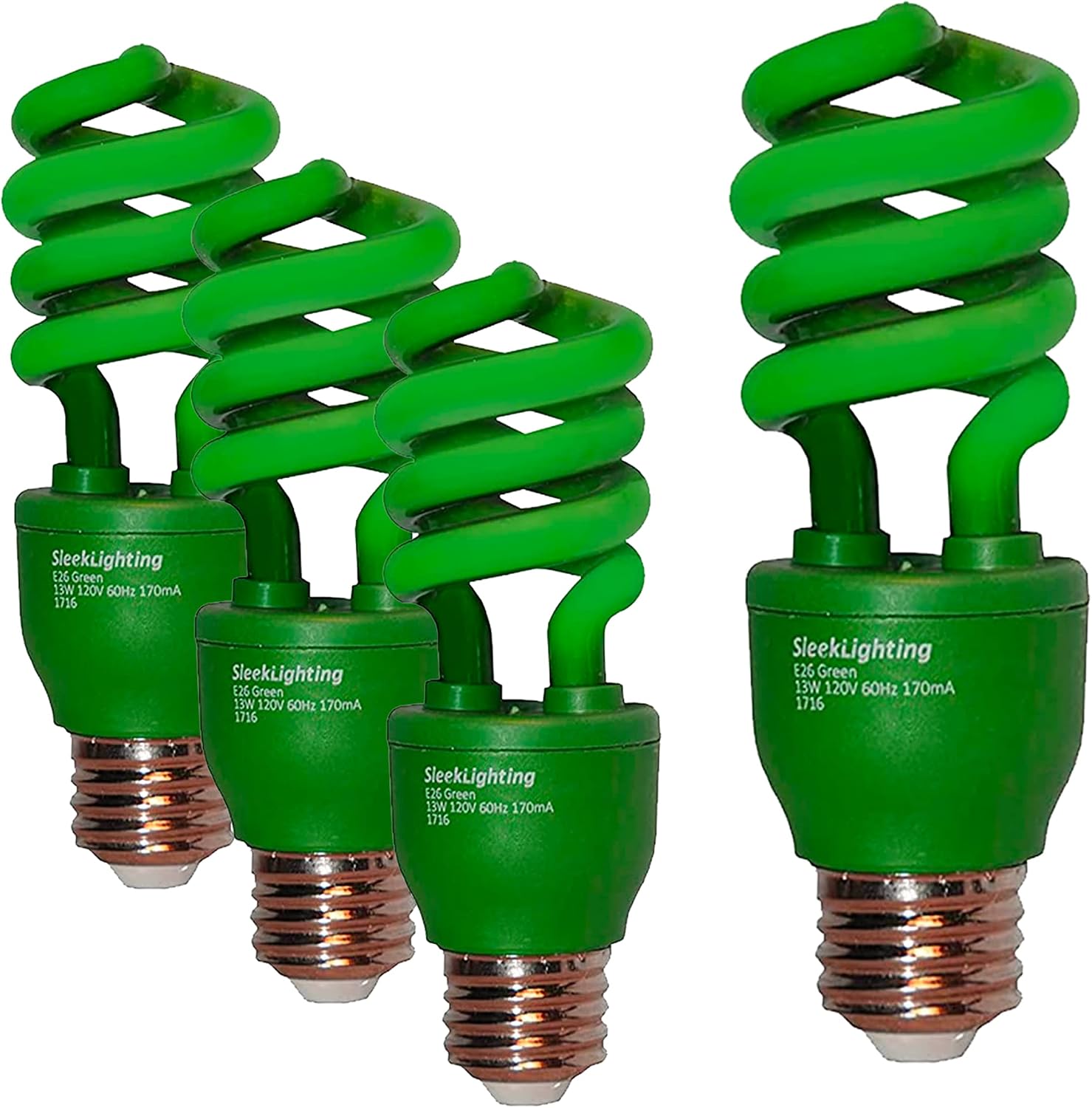 SLEEKLIGHTING 13 Watt Green Spiral CFL Light Bulb- UL Approved- General Purpose Spiral CFL Green Light Bulbs - 120Volt, E26 Medium Base. (Pack of 4)