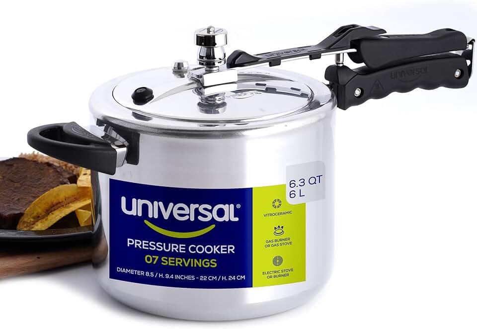 Universal (6.3 Quart / 6 Liter) Pressure Cooker, 7 Servings, Aluminum Pressure Cooker With Multiple Safety Systems and Heat Resist