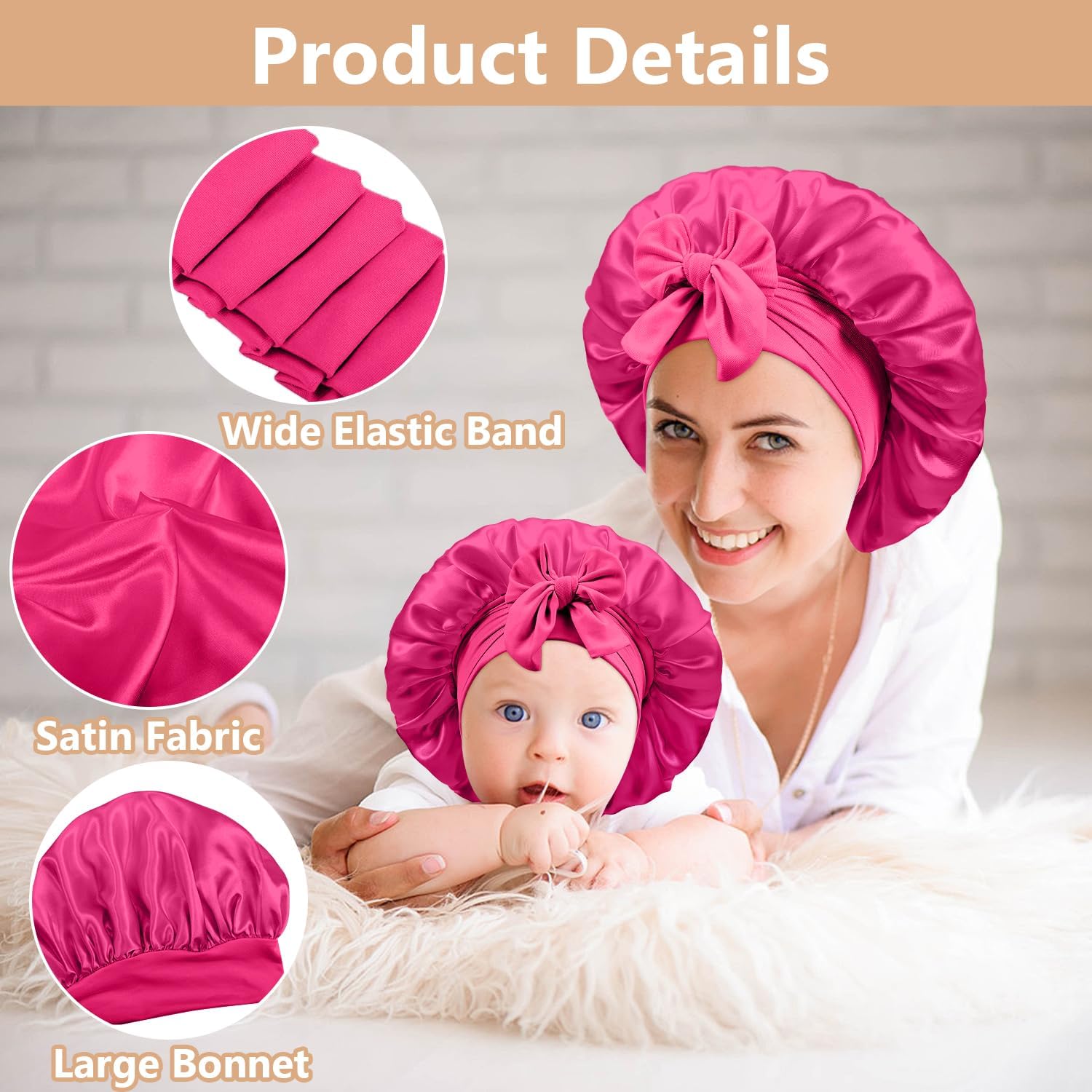 2 PCS Mommy and Me Bonnet Set, Silk and Satin Bonnets for Sleeping with Elastic Tie Band, Adjustable Hair Bonnets for Women, Girls, Kids and Toddlers (Rose Red)