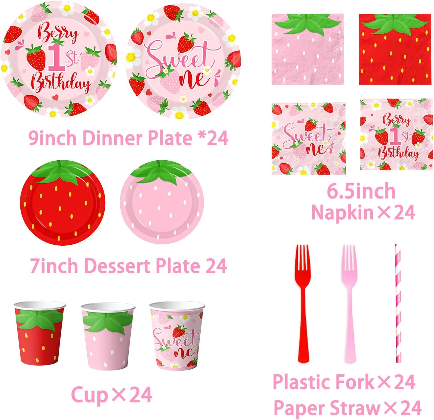 Berry First Birthday Decorations,190pcs Strawberry First Birthday Decorations Include Banner,Plates,Napkins,Tablecloth,Cup,Balloon,Cake Topper,Strawberry 1st Birth Day Decorations for Girl,Serve 24 - Image 4