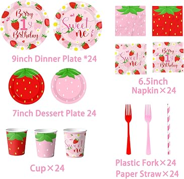 Berry First Birthday Decorations,190pcs Strawberry First Birthday Decorations Include Banner,Plates,Napkins,Tablecloth,Cup,Balloon,Cake Topper,Strawberry 1st Birth Day Decorations for Girl,Serve 24