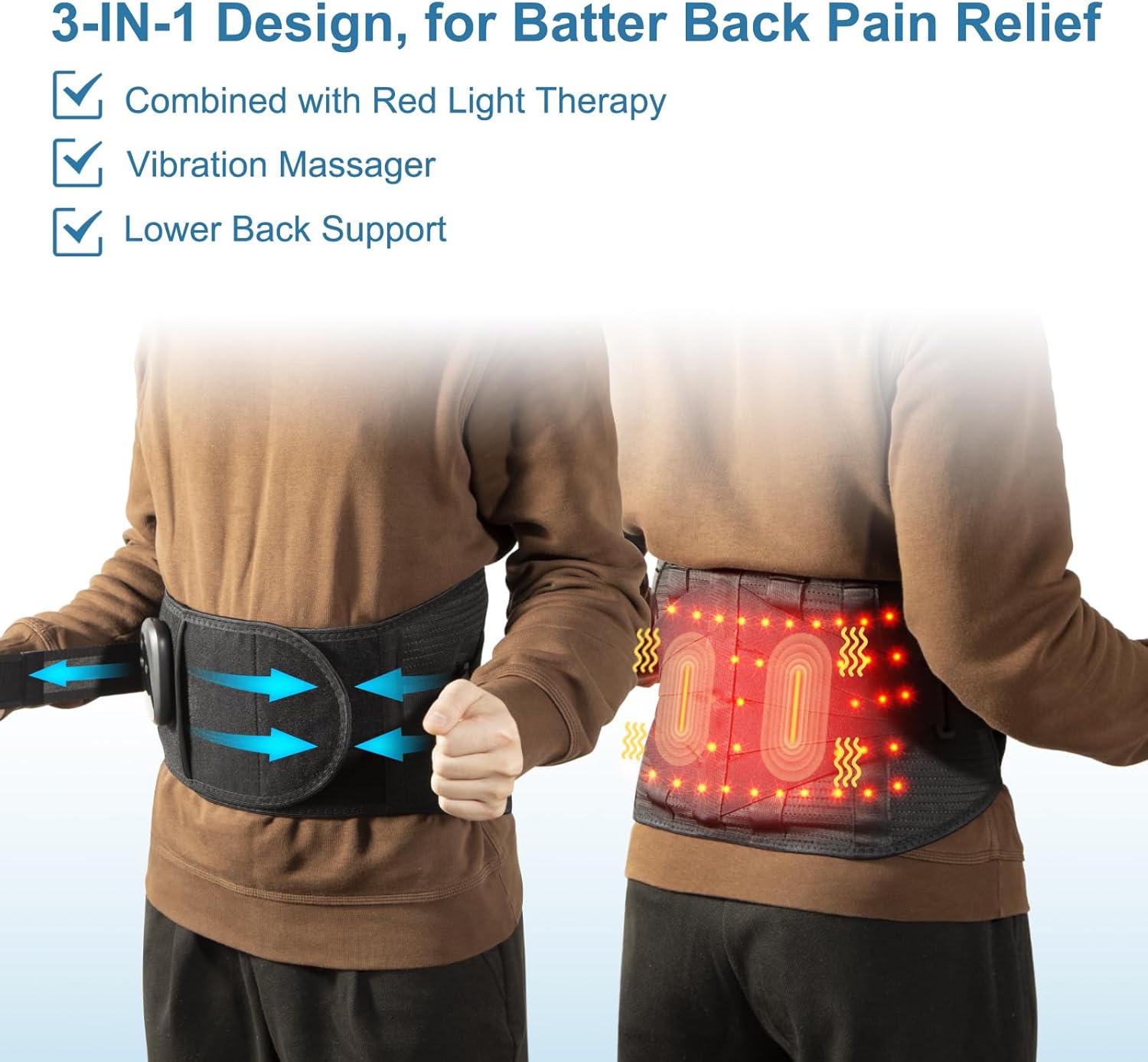 Lower Back Massager Belt with Red Light Heating Therapy, Cordless Heating Pad for Back, Rechargeable 5000 mAh Battery, Heated Back Brace Warmer Belt for Back Pain Relief,L