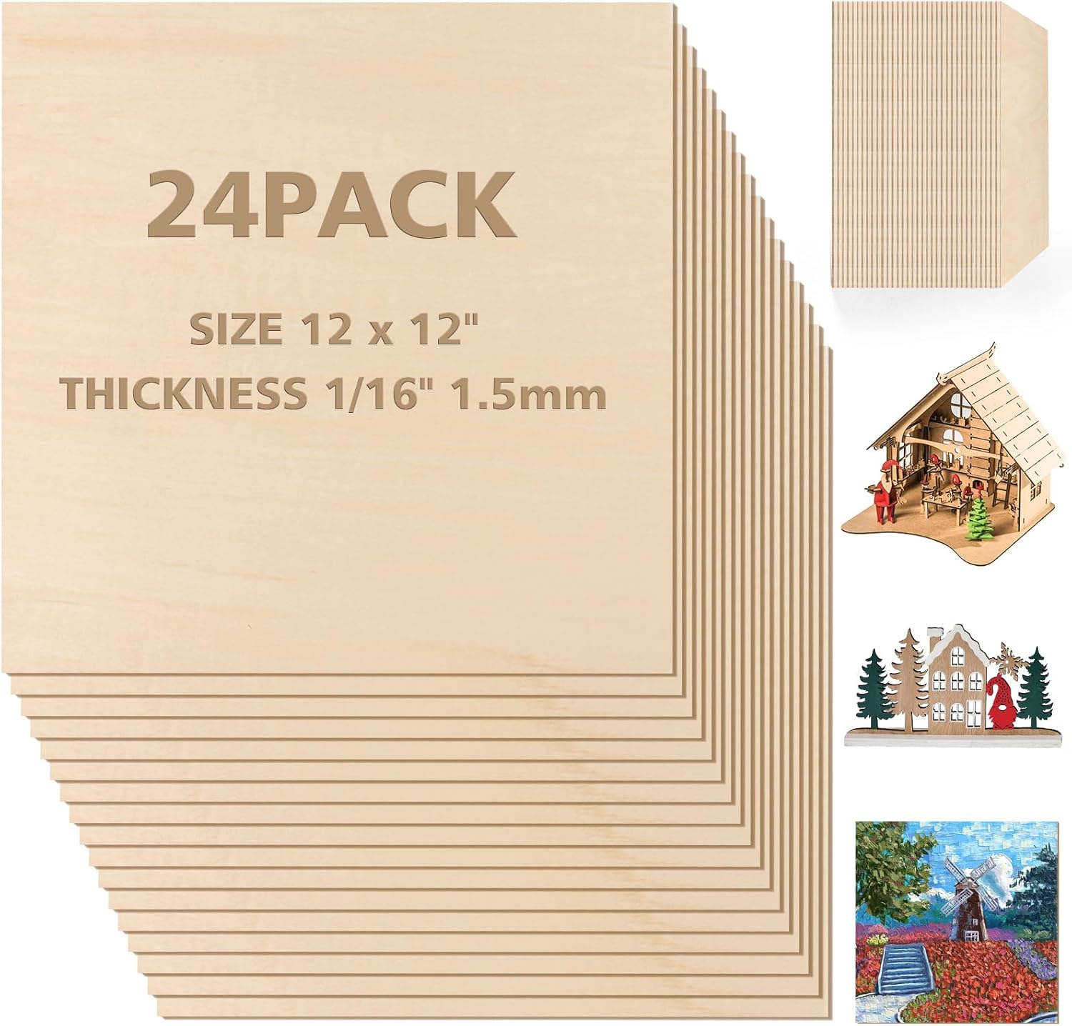 Adrattnay Basswood Sheets 1/16 x 12 x 12 inch - 1.5mm Basswood Sheets Plywood Sheets, 24Pcs Square Unfinished Wood Board for DIY Crafts, Laser Cutting, Wood Burning, Painting, Model Carving