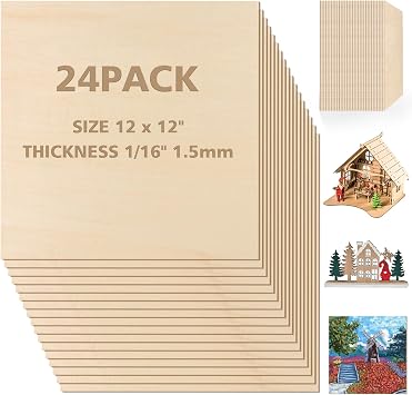 Adrattnay Basswood Sheets 1/16 x 12 x 12 inch - 1.5mm Basswood Sheets Plywood Sheets، 24Pcs Square Unfinished Wood Board for DIY Crafts، Laser Cutting، Wood Burning، Painting، Model Carving