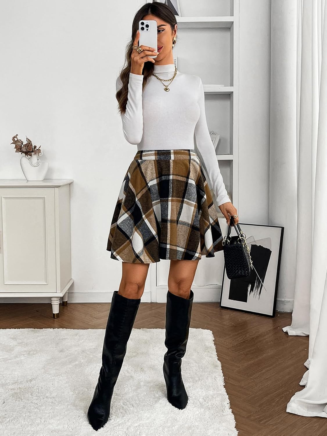 Women's Pleated Plaid Mini Skirt, Flowy A Line Flared High Waist Short Skirt Casual Fall Spring Fashion Skirts - Image 6