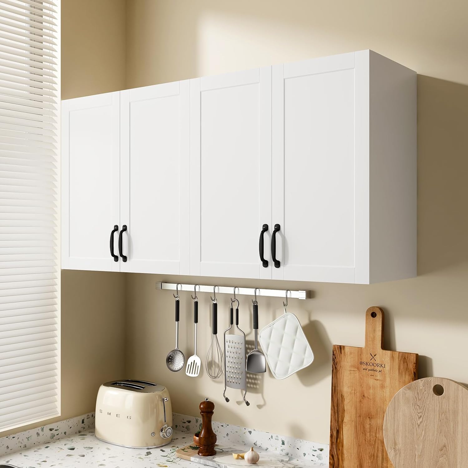 White Wall Mounted Laundry Room Floating Cabinet with 2 Doors 2 Handles, Adjustable Utility Shelf, Safe Kitchen Bathroom Hanging Organization Storage Cupboard 23.62" L × 11.22" W × 23.62" H
