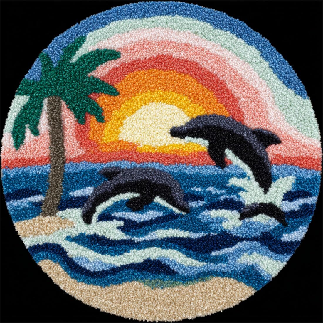 Rqwybcaxn DIY Latch Hook Rug Kit for Beginners Animal Crochet Starter Kit Dolphins and Waves 60x60cm Round Large Rug Making Kits Bedroom Handmade Gift