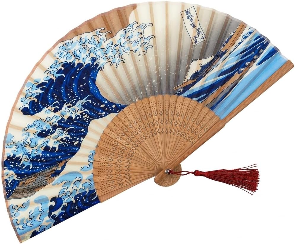 Folding Hand Fan for Women - Foldable Chinese Japanese Vintage Bamboo Silk Fan - with Tassel and Pouch, Perfect for Decoration, Dance, Wedding,Music Festival，Party and Gifting (Night) image 4