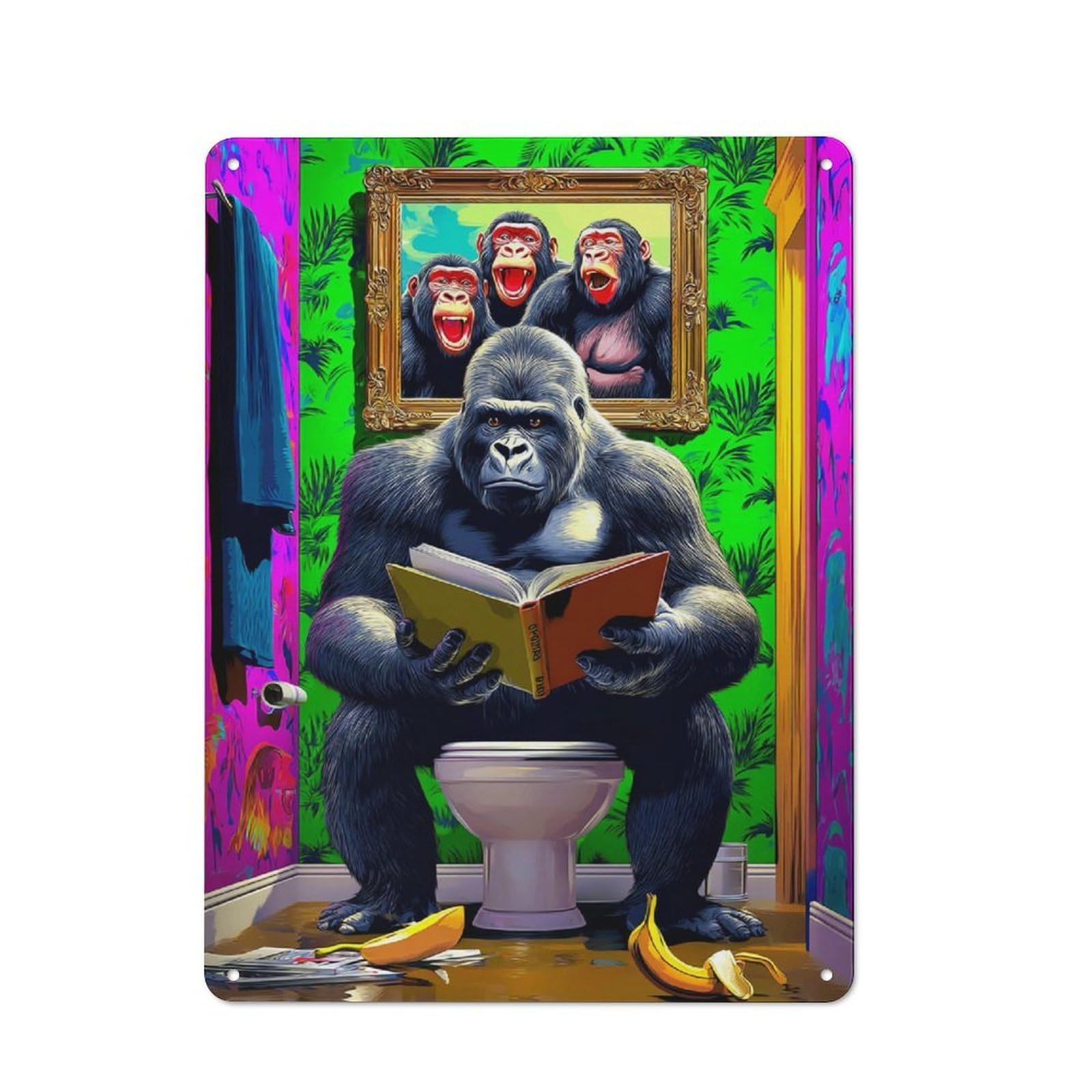 Junmoney Gorilla Reading In Colorful Bathroom Rustic Metal Wall Sign 40X30cm Featuring For Pub Or Café, For Vintage Wall Decor Fans, For Metal Sign Collectors