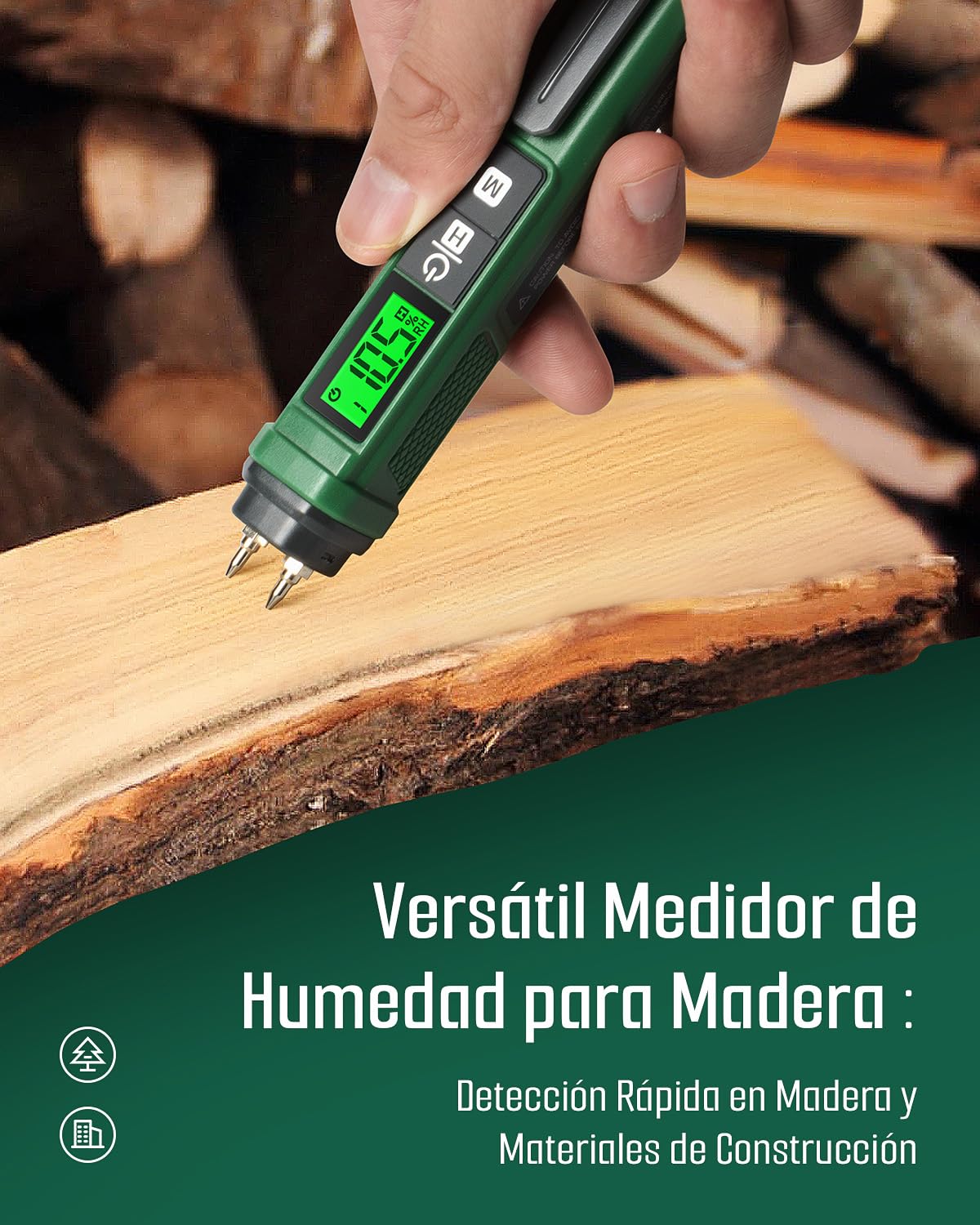 TESMEN TWM-186 Medidor de Humedad Portátil 2 Modos 7 Escalas Madera Ladrillos Paredes Verde