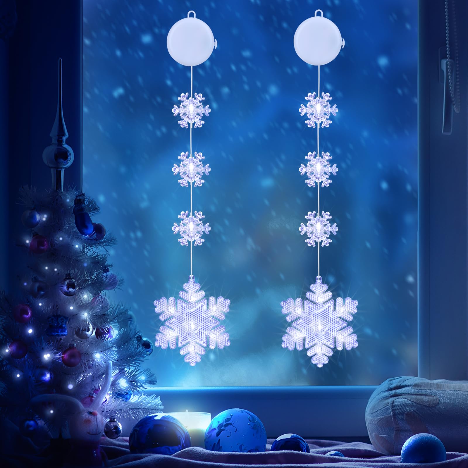 Qedertek Luci di Natale - 2 Pezzi Tenda Luminosa con Fiocco di Neve, Tenda Luci Natalizie a Batteria, Bianco, 2 Modalità, Timer, Luci Natale Decorativa per Albero di Natale, Finestra, Porta, Bar