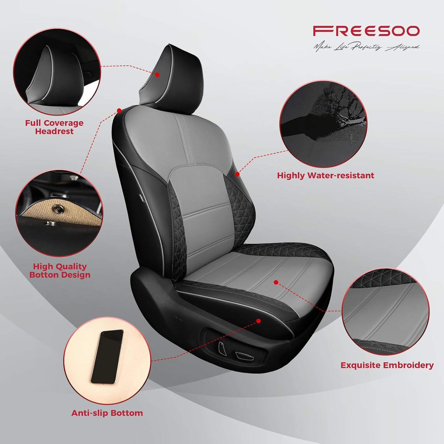 FREESOO Toyota Camry Seat Covers Full Set Custom Fit for Hybrid XSE,Hybrid XLE 2026 2025 Models, Premium Waterproof Leather Car Seat Protectors (Black Grey)