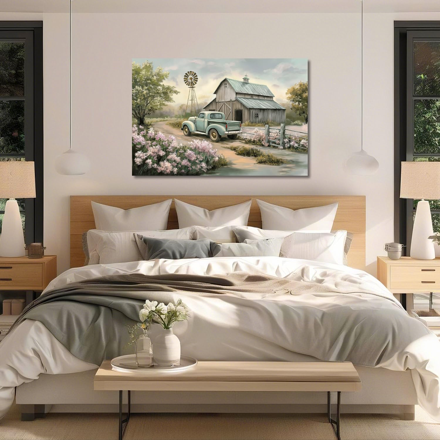 LYUNSHUO Rustic Farmhouse Wall Art Old Barn Canvas Print Windmill with Truck Picture Wall Decor Country Scenery Painting Vintage Artwork for Modern Home Decor Frame(Art-13,16.00"x24.00")