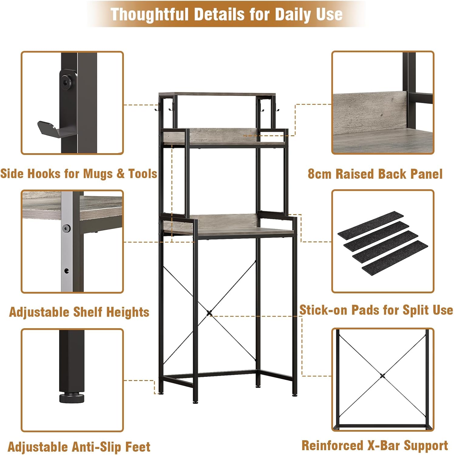 Espelism 3-Tier Kitchen Bakers Rack with Adjustable Shelves, Freestanding Kitchen Microwave Stand with Storage, Split Design Coffee Bar Shelf for Home Office (Black Oak, 25.6")