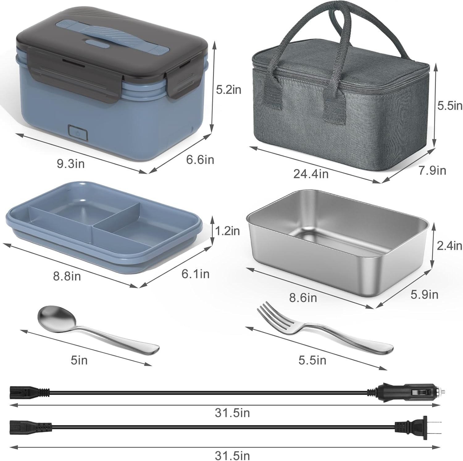 Electric Lunch Box Food Heater 100W, 4 in 1 Ultra Quick Heated Lunch Boxes for Adults 12V/24V/110V/220V Portable Food Warmer for Car/Truck/Office With Fork Spoon and Insulated Carry Bag