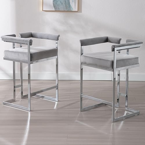 Miniatura 3 de LukeAlon Slivery - Juego de 2 taburetes de terciopelo con base tapizados de 26 pulgadas de altura de asiento, modernos taburetes bajos con patas