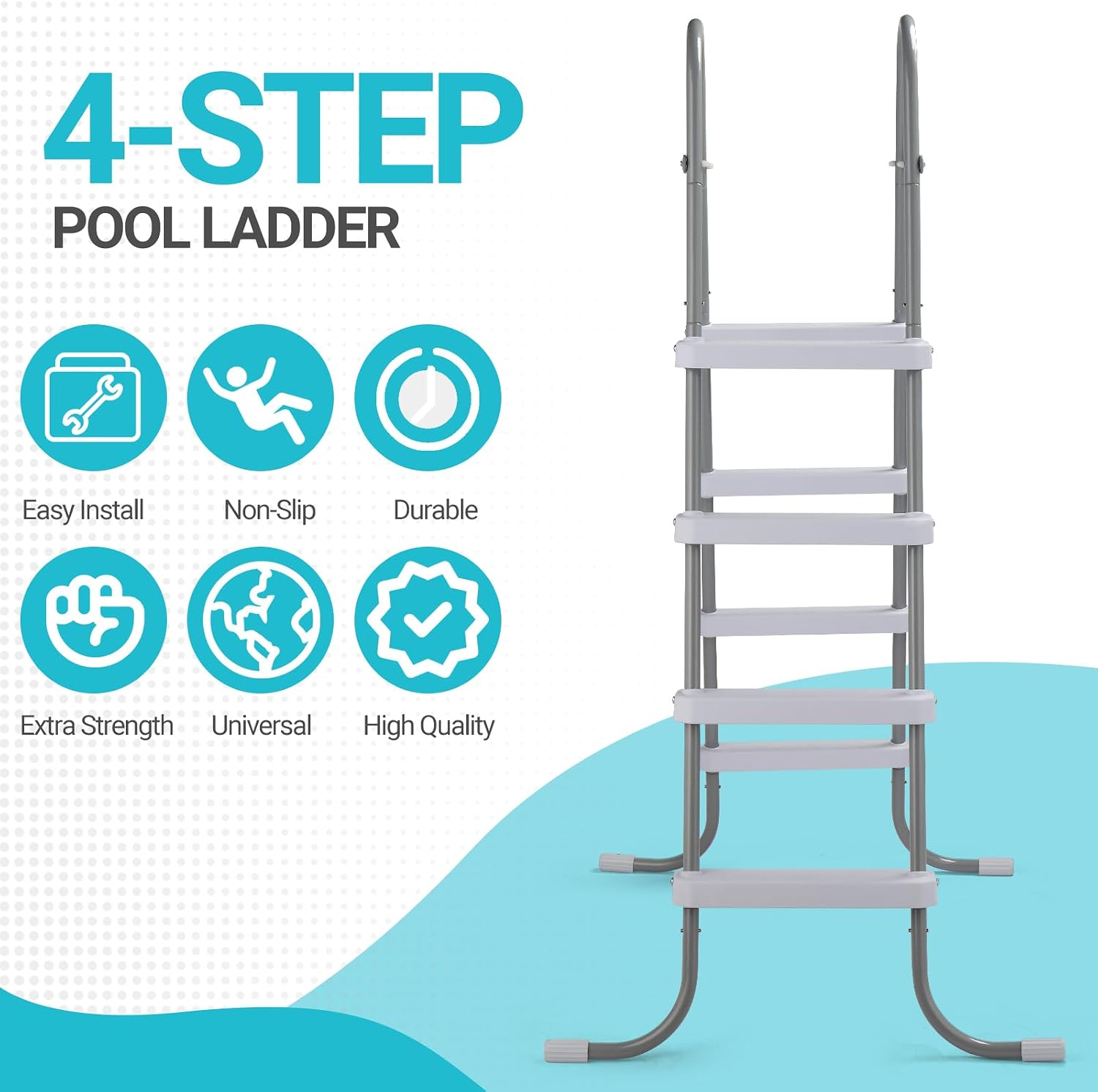 4-Step Safety Pool Outdoor Ladder for Above-Ground Pools up to 52 Inches, Heavy-Duty Iron Frame with White Steps, Space-Saving Design for Entry and Exit