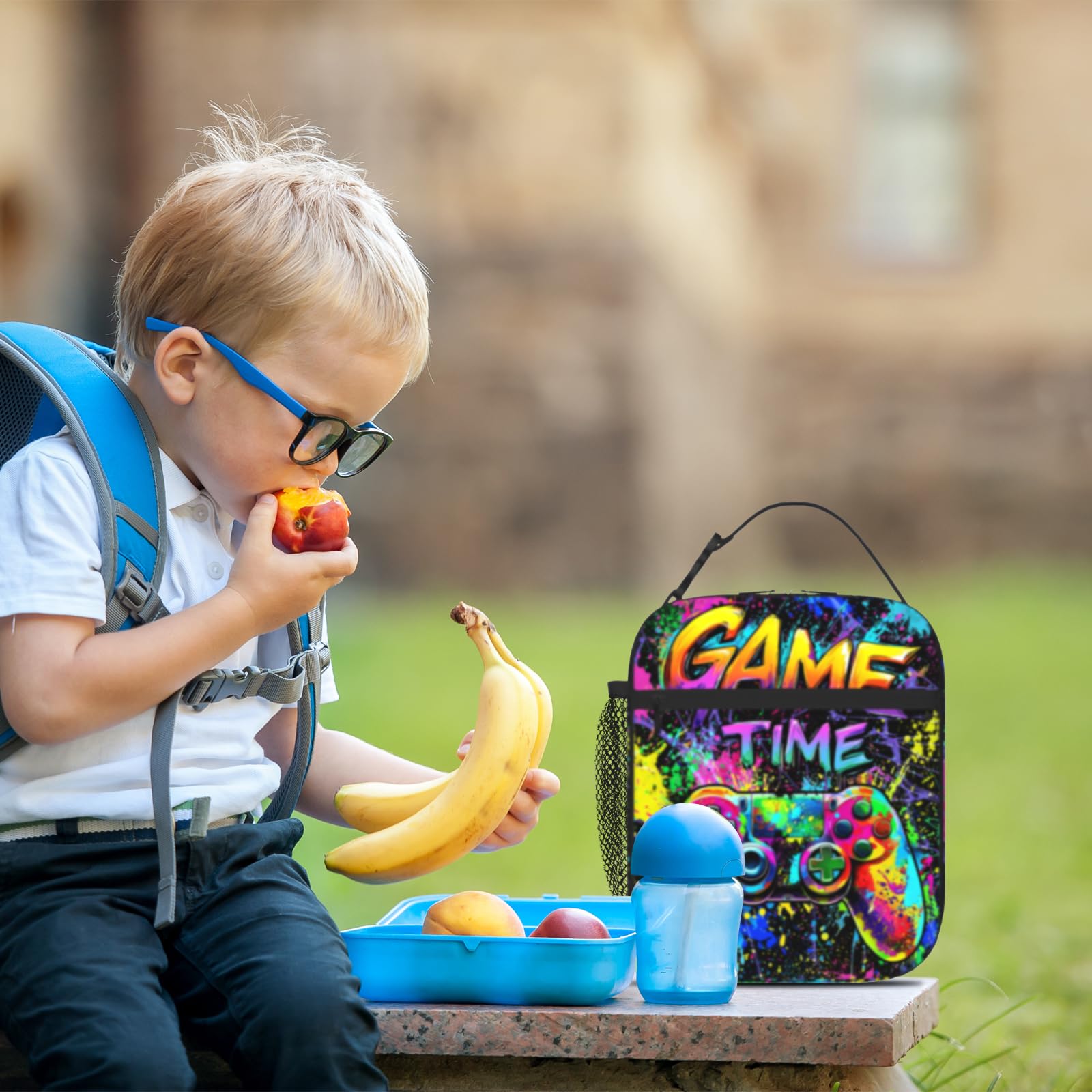Lonchera de videojuegos para niños y adolescentes, con graffiti colorida, reutilizable, aislada, portátil, para niños, escuela, picnic, senderismo, playa, viajes