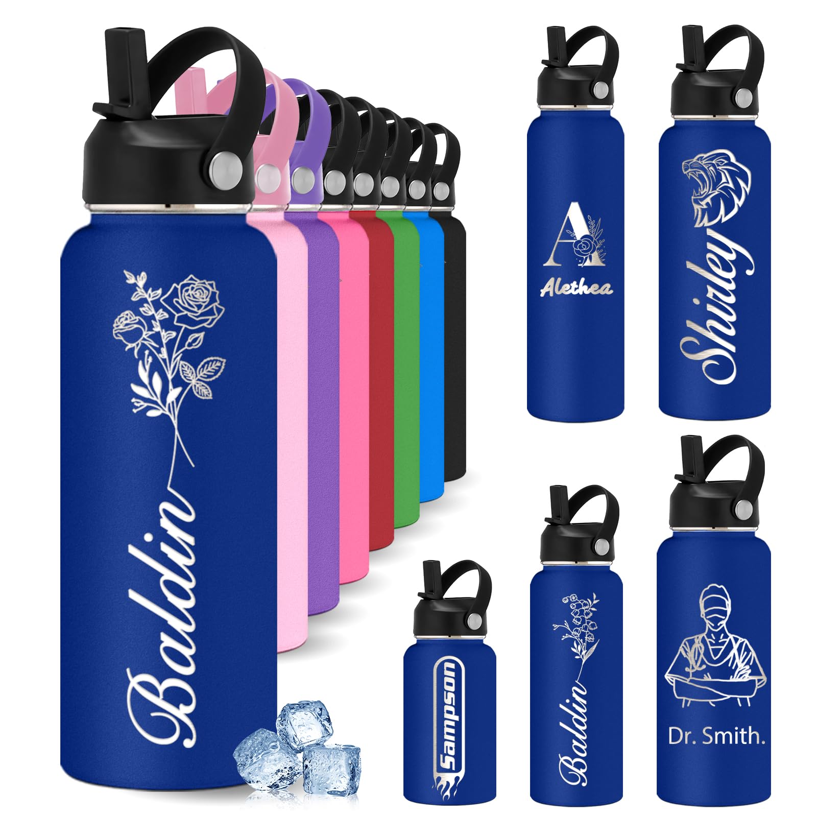 YoLLiEE Custom Personalised Water Bottles for Kids with Straw 12 18 24 32 40 oz Customised Engraved Insulated Stainless Steel Water Bottles with Name, Navy Blue Birthflower