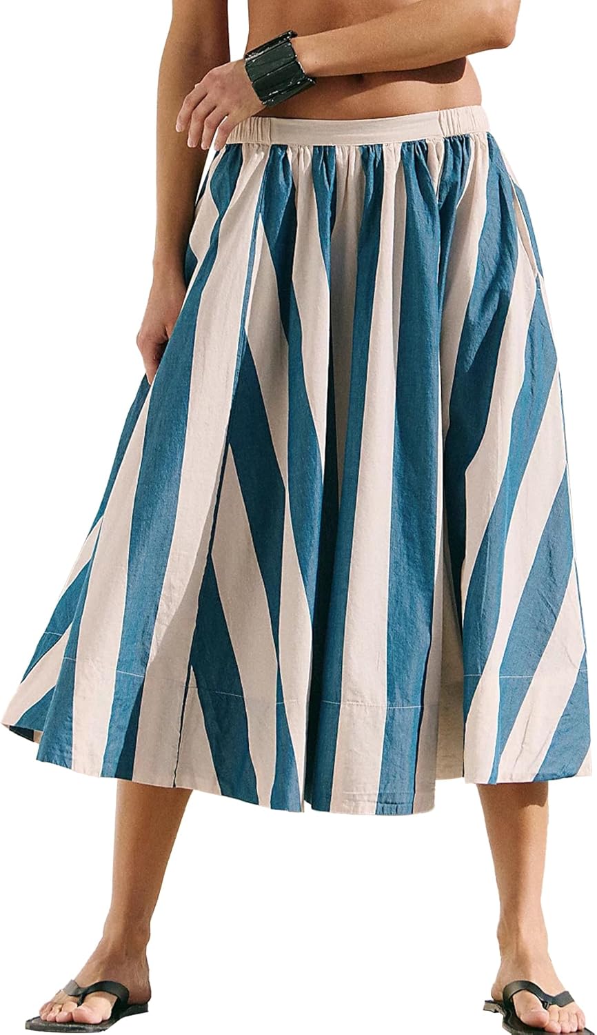 SeeLuNa Women Contrast Striped Midi Skirt Mid Rise Elastic Waist A-Line Boho Skirts Flowy Beach Vacation Outfits with Pockets