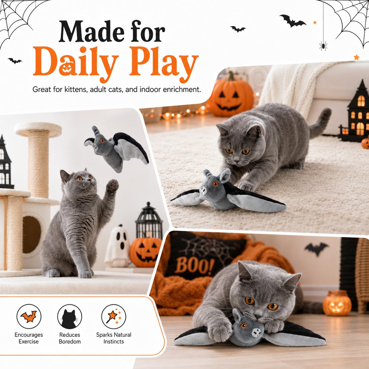 Pealeaf Murciélago Volador para Perros y Gatos, Juguete Interactivo de Peluche Recargable por USB con alas móviles, Hierba gatera y Gancho para perseguir en Interior (3PCS)