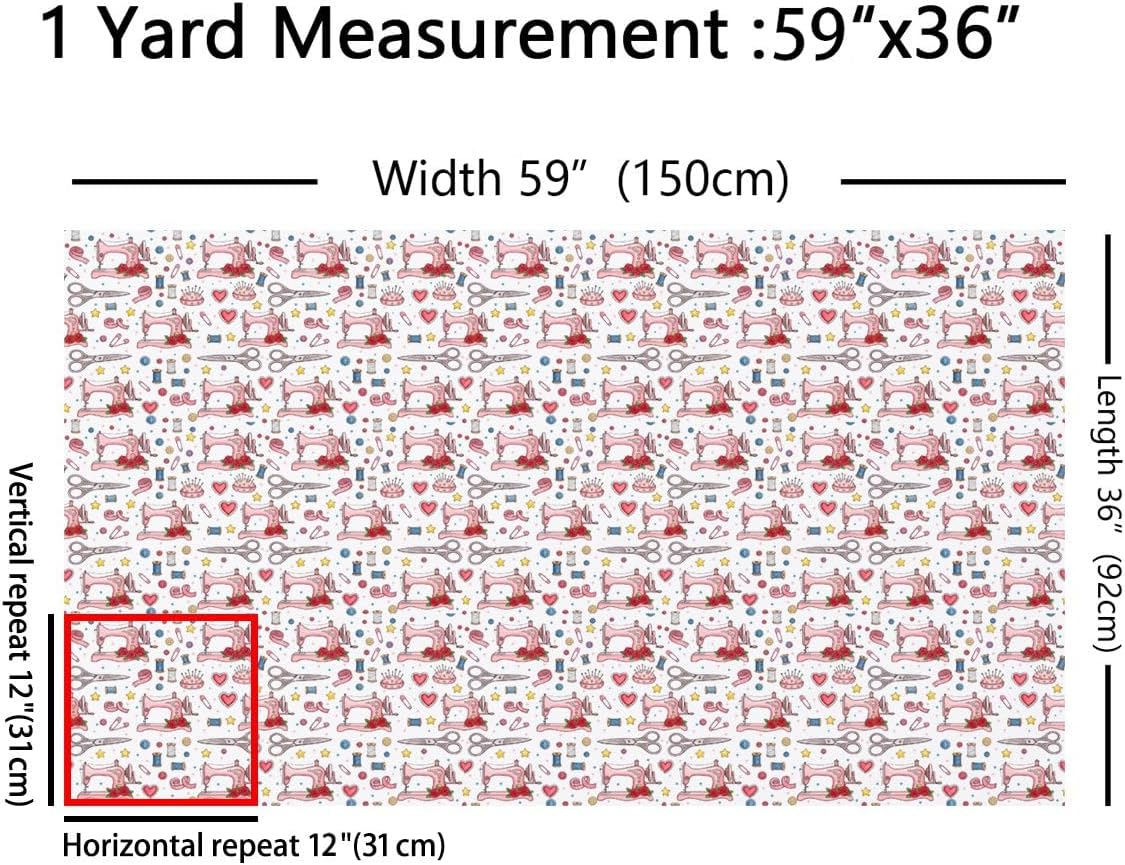 Pink Sewing Machine Fabric by The Yard Cartoon Sewing Tools Decor No Stretch Fabric for Sewing Supplies Red Rose Heart Romantic Soft Polyester for Home DIY Projects 5 Yards Bolt,180" L x 59" W image 2