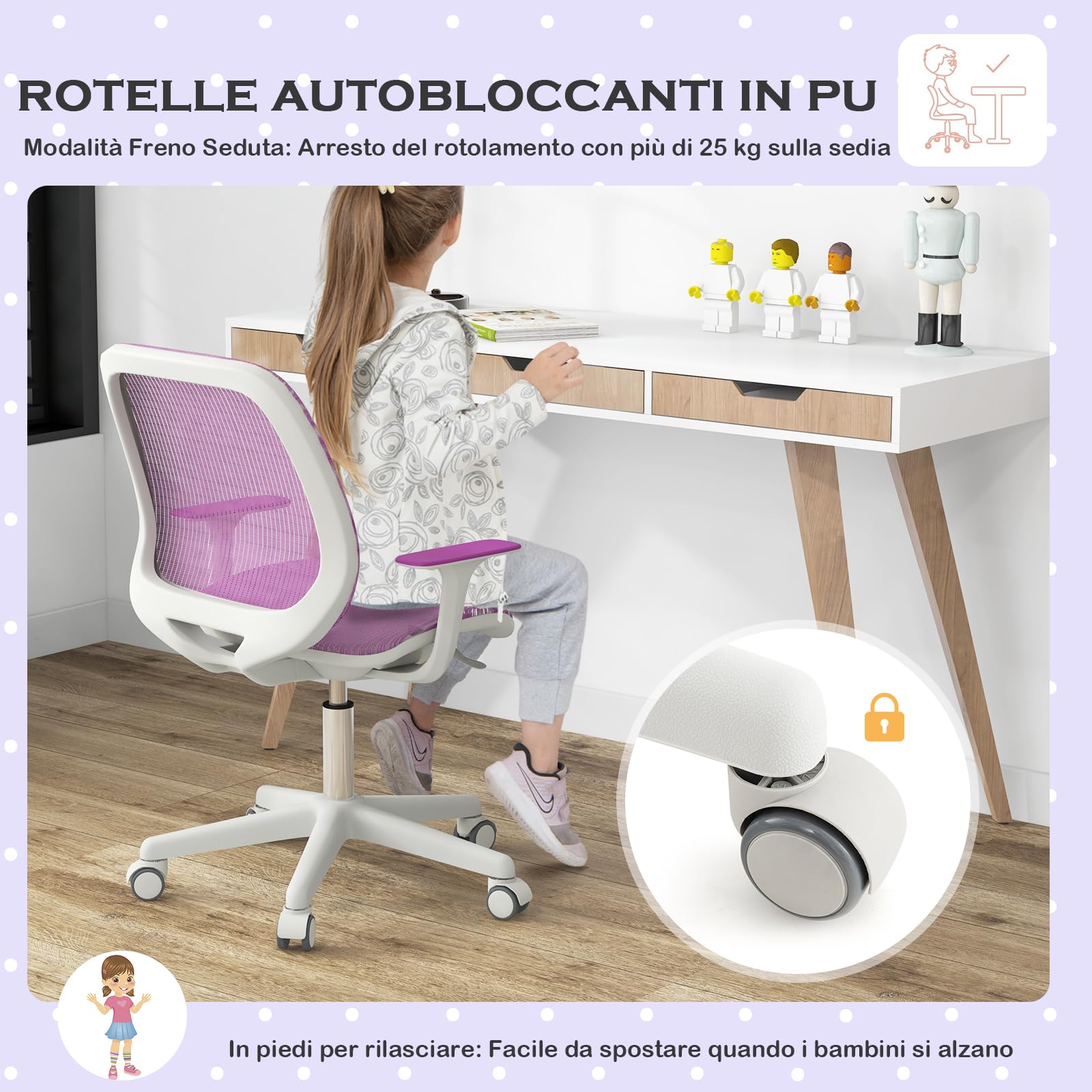 RELAX4LIFE Sedia Girevole per Bambini, Altezza Regolabile, Schienale e Braccioli, Ruote con Freni, Sedile a Rete per Bambini 3-10 Anni, Ideale per Cameretta e Studio (Blue) (VIOLA)