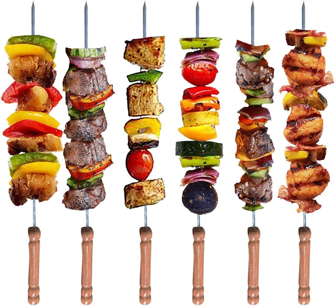 Khedu Fab Barbecue Skewers for BBQ Tandoor, Grill | Stainless Steel Stick with Wooden Handle, (Pack of 6 Pc's)