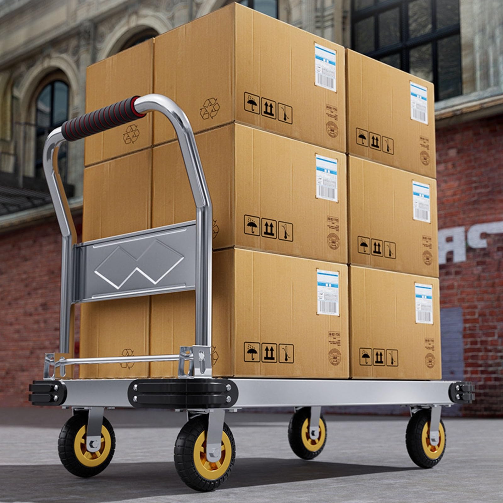 Carrello con Piattaforma Carrello da Trasporto Carrello portaoggetti Pieghevole Portata 500-1000 kg Freno di stazionamento ausilio per Il Ruote piroettanti a 360°(Black,73X48)