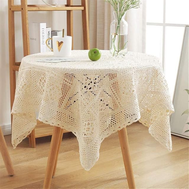BMIDRUT Beige Tablecloths Vintage Square Crochet Lace Doilies Tablecloths Table Cover Topper Wedding Home Party Decor