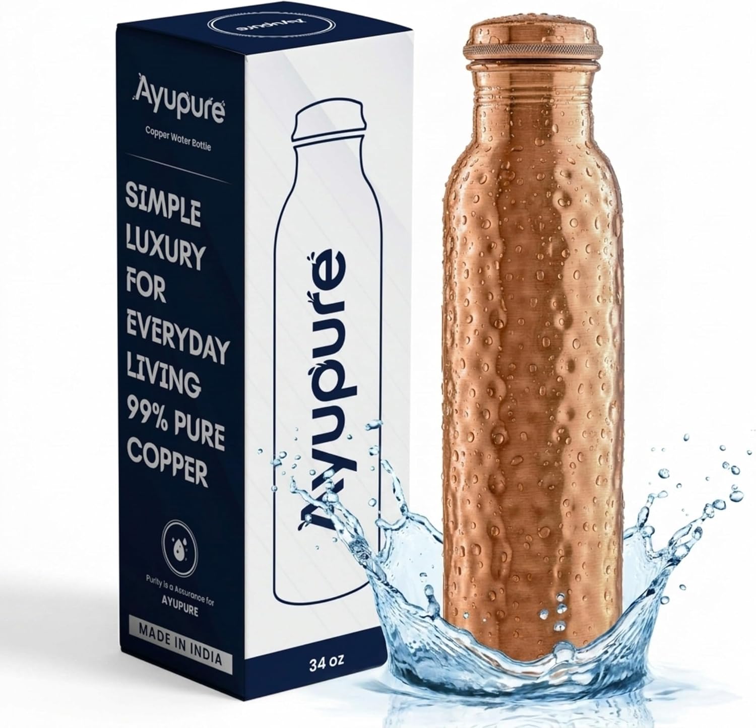 Hammered Pure Copper Water Bottle 34 Oz | 100% Pure Copper Drinking Bottle | Leak Proof Ayurvedic Metal Water Bottle for Home, Office, Gym & Travel | Daily Use Reusable Metal Flask