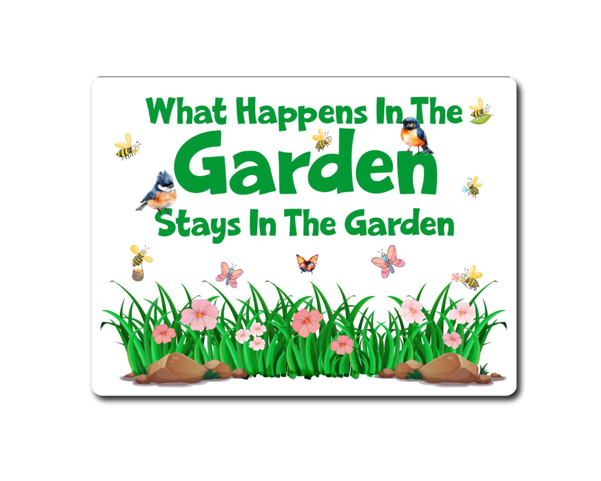 Decalarama Gardening Metal Sign Gift – What Happens In The Garden Stays In The Garden - Family Fun House Novelty Aluminium Present