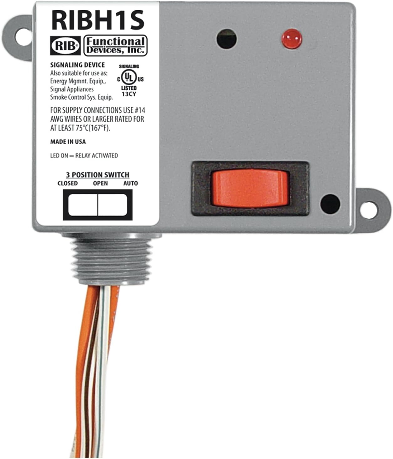 Functional Devices RIBH1S Pilot Relay, 10 Amp SPST-N/O + Override, 10-30 Vac/dc/208-277 Vac Coil, NEMA 1 Housing