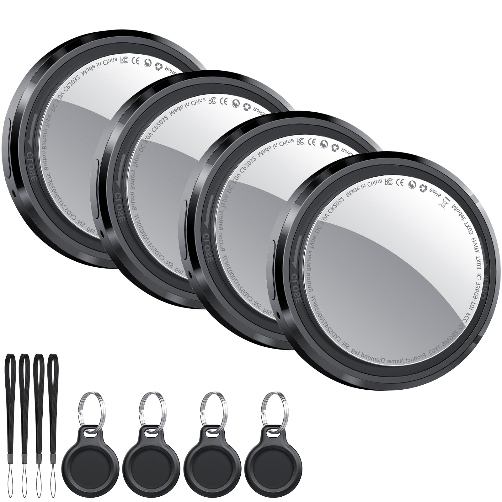 Air Tracker Tag 4 pezzi Nero, Bluetooth Trova Oggetti Compatibile con Apple Dov'è (solo iOS), Smart Tracker Localizzatore per Bagagli/Borse/Portafogli/Zaini, Chiavi Tag Tracking, Batteria Sostituibile