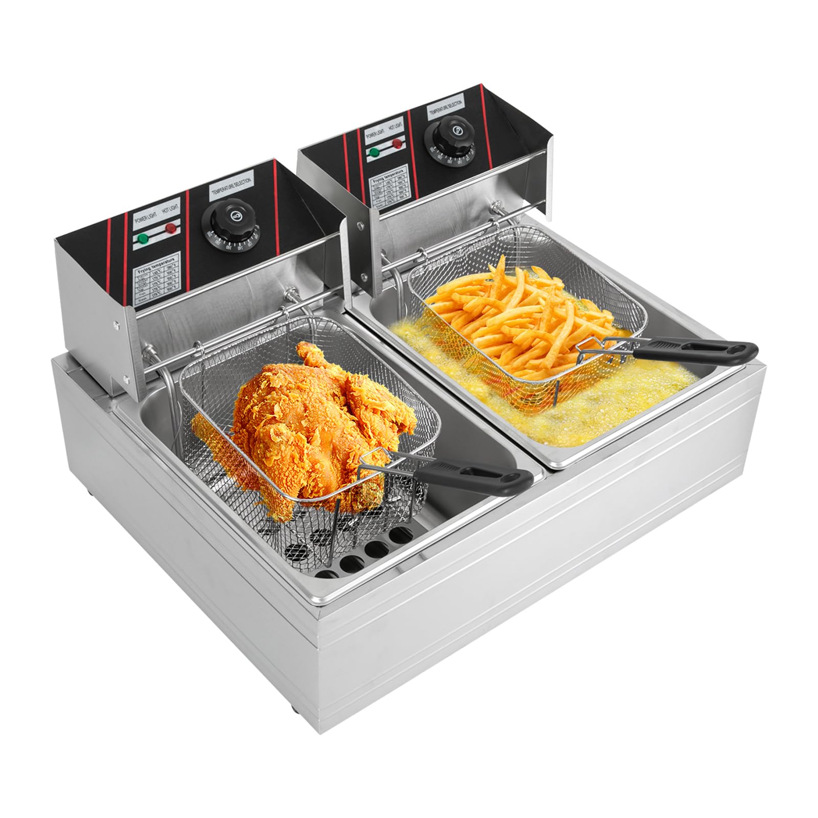 Freidora eléctrica doble de 12 litros, 5000 W, 2 x 2,5 kW, acero inoxidable, freidora profesional para restaurante o aperitivo y hogar, tapa de seguridad