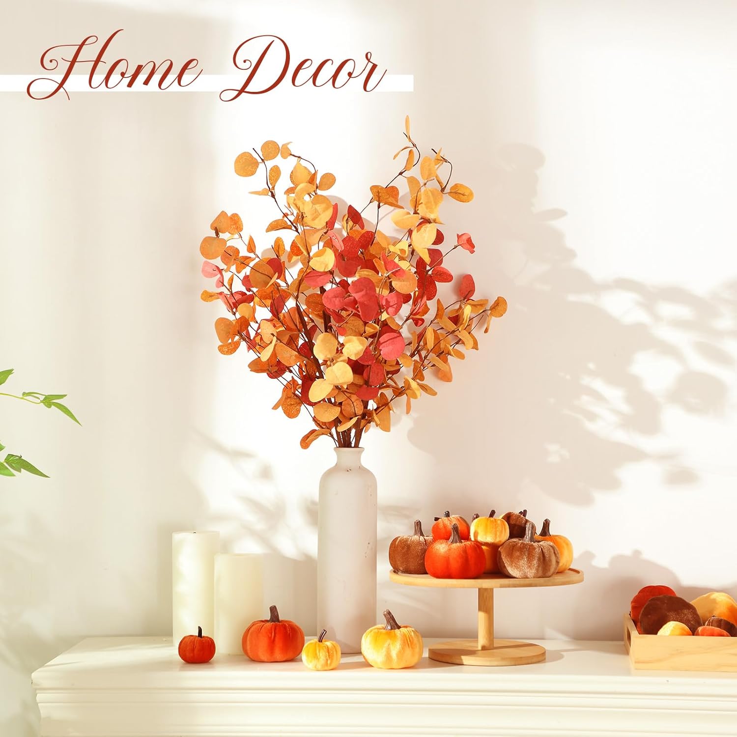 24 Pcs Fall Mini Velvet Pumpkin 6 Pcs Autumn Artificial Eucalyptus Stem with Eucalyptus Leaves Artificial Small Pumpkin for Farmhouse Harvest Thanksgiving Party Home Decoration