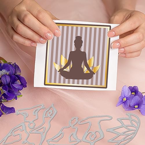Miniatura 4 de BENECREAT 3 plantillas de corte con temática de yoga, plantillas de corte en relieve de metal de loto, herramientas de grabado para tarjetas,