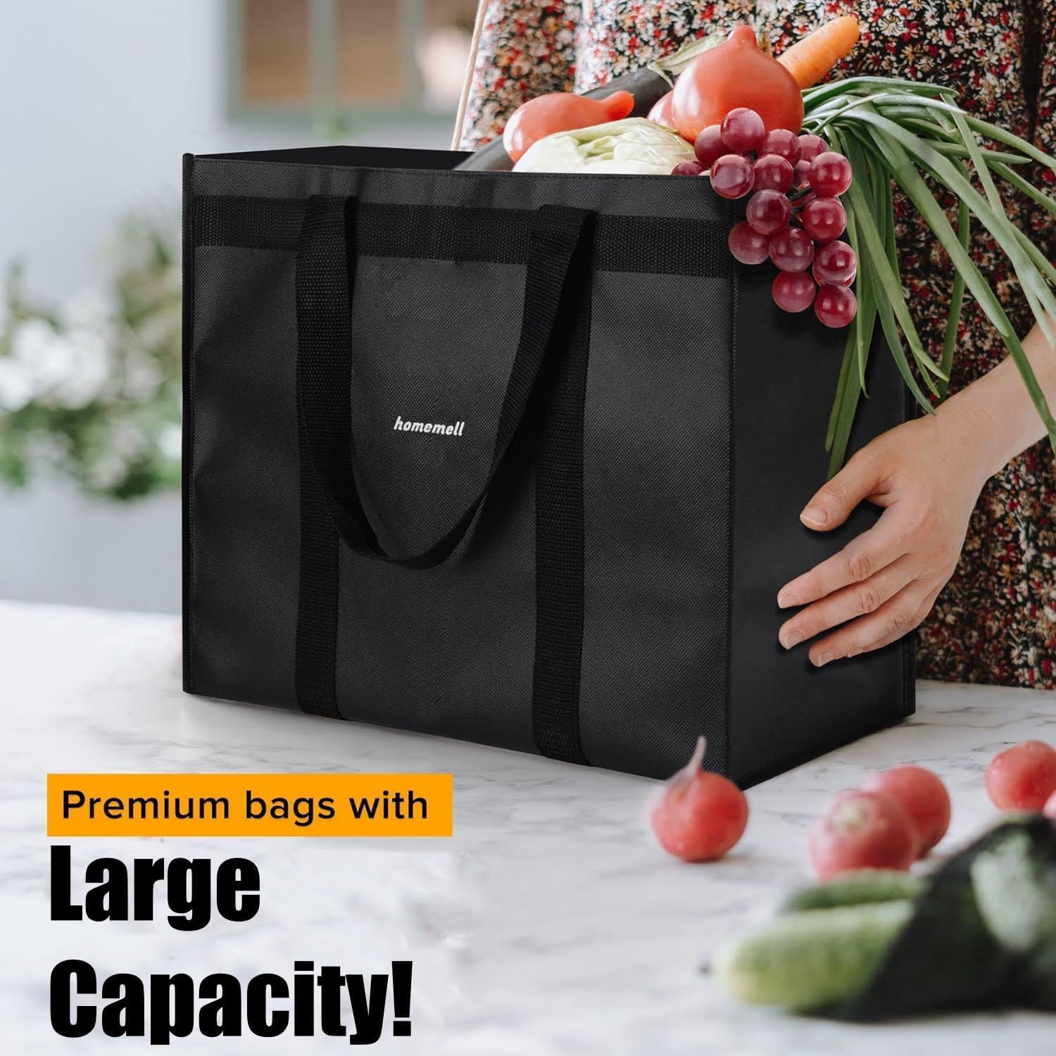 Homemell Heavy Duty Reusable Grocery Bags, Large Collapsible Tote Bag Holds 100 LBS, Extra-Strength Premium Material (Black, 4-Pack) - Image 2